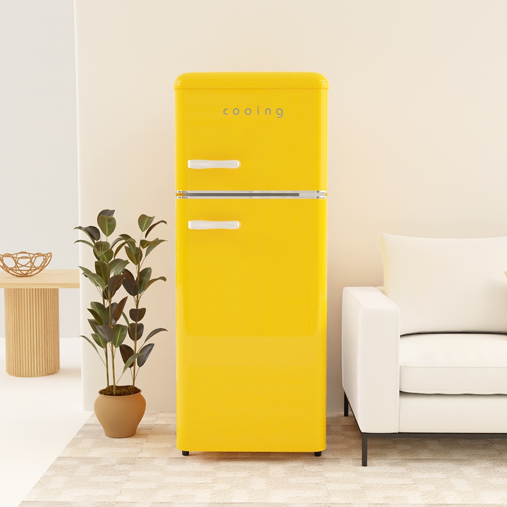 “쿠잉 레트로 소형냉장고 REF-D121 옐로우 미니 원룸 필수템 인정”